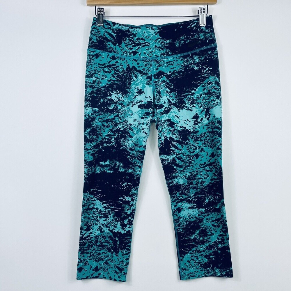 NIKE DriFit Leggings Womens Medium Aqua Blue Print Cropped Athletic Running